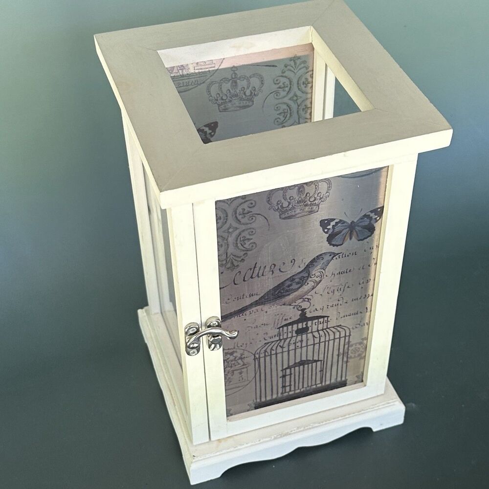 Vintage Candle Lantern Wood Glass Bird Cage Paris Decor Opening Door 10”